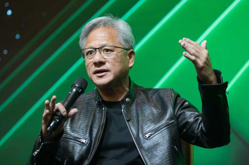 Jensen Huang Nvidia's Founder, President and CEO gestures during a News event